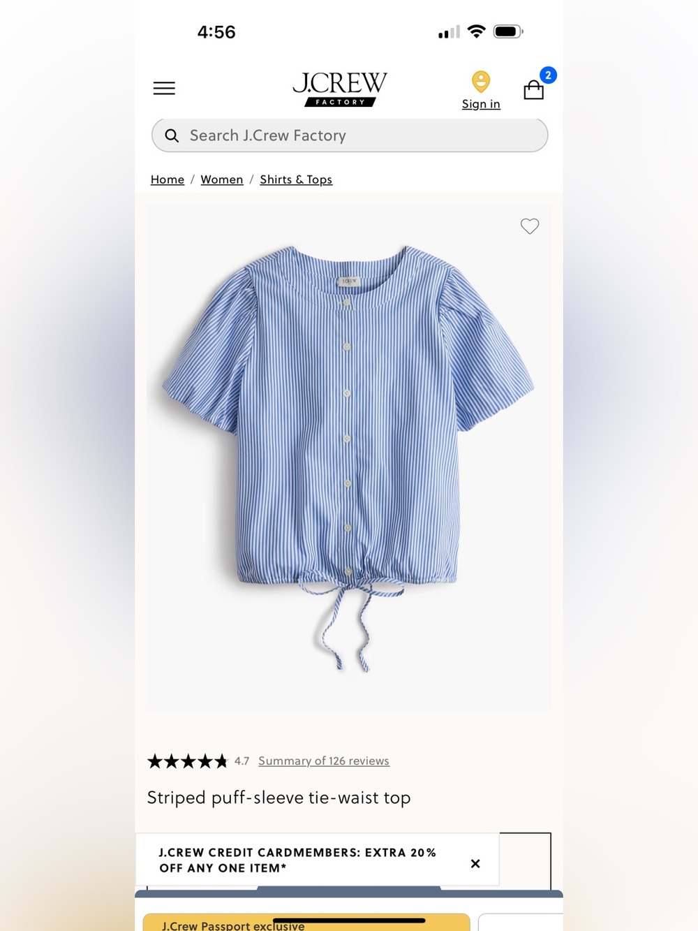 J. Crew Blue and White Striped Puff-Sleeve Button-Front Top - Picture 9 of 9